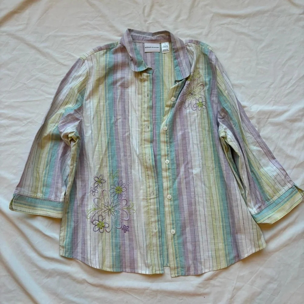 alfred dunner pinstripe embroidered bead beaded sequin floral button down top